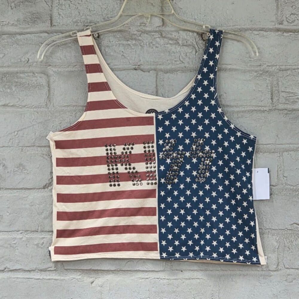 1776 Brand Patriotic American Flag Cropped Tank Top Small Cotton Rhinestone USA